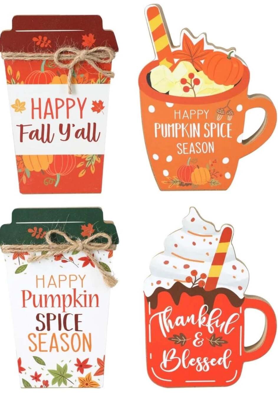 Fall Harvest Pumpkin Spice Latte and Coffee Cup Wooden Decor, 4-Piece Set